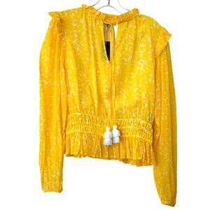 Karina Grimaldi Yellow White Print Ruffled Long Sleeve Blouse Size S